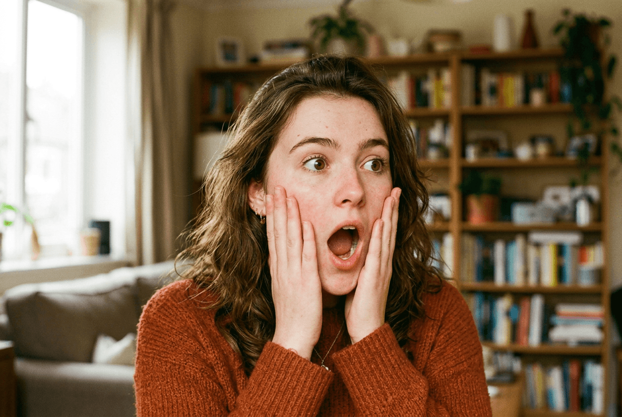 Woman with gobsmacked expression showing shock representing British emotion idioms
