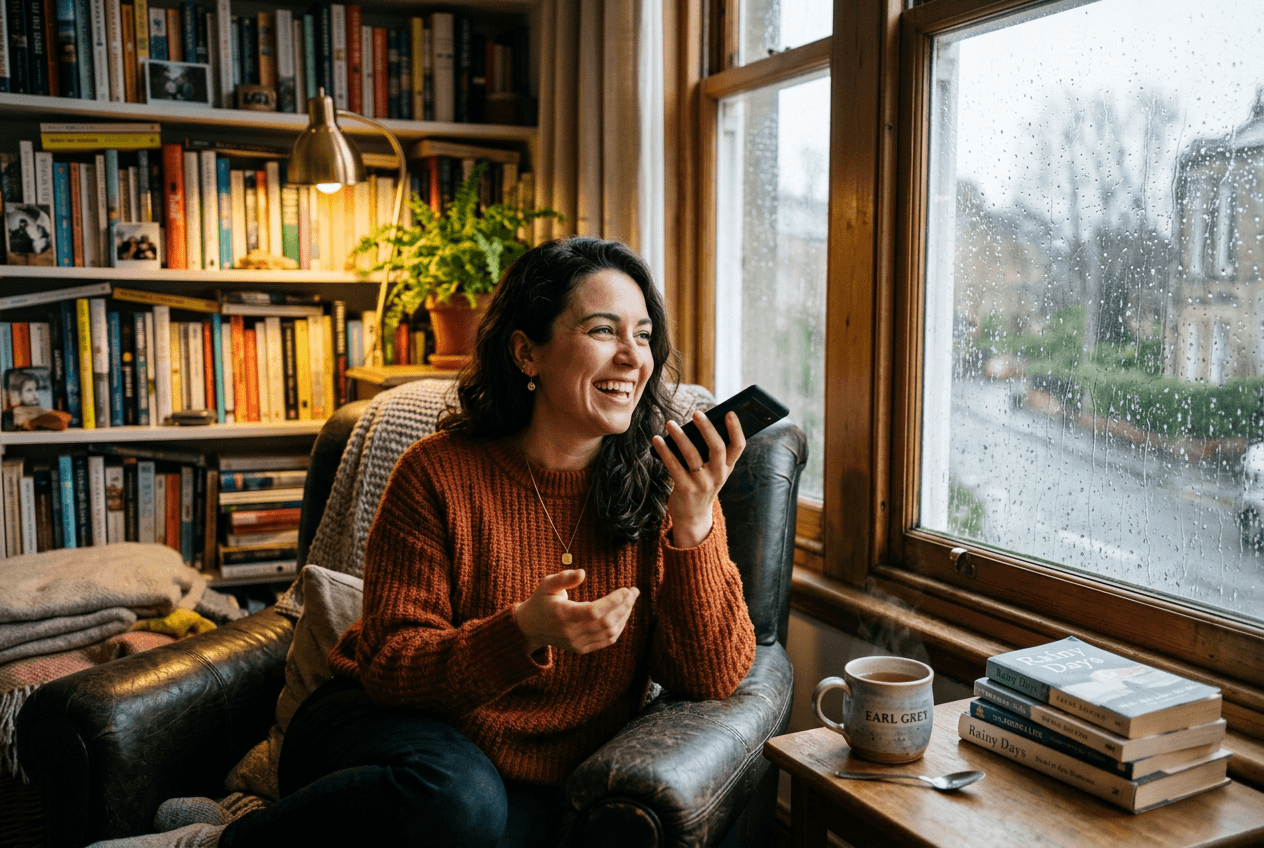 Person practicing English speaking on phone in cozy British setting with tea and rain