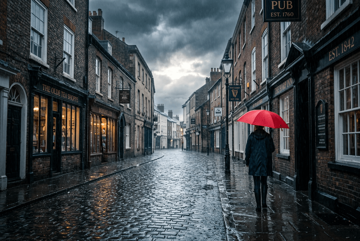 Person with red umbrella on rainy British cobblestone street illustrating weather idioms