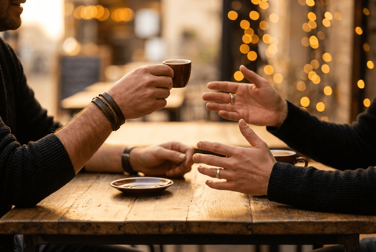 Expressive hand gestures during an English conversation at a café showing emotional engagement