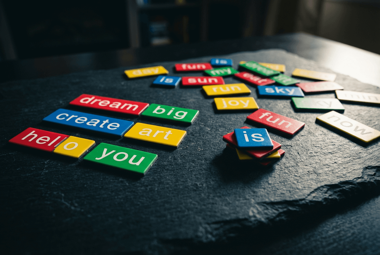 Colorful English vocabulary word tiles arranged on dark slate surface for conversation practice