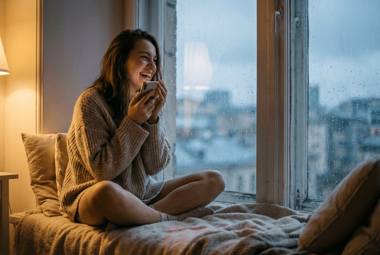 Woman practicing English speaking on her iPhone by a rainy window using vocabulary builder app
