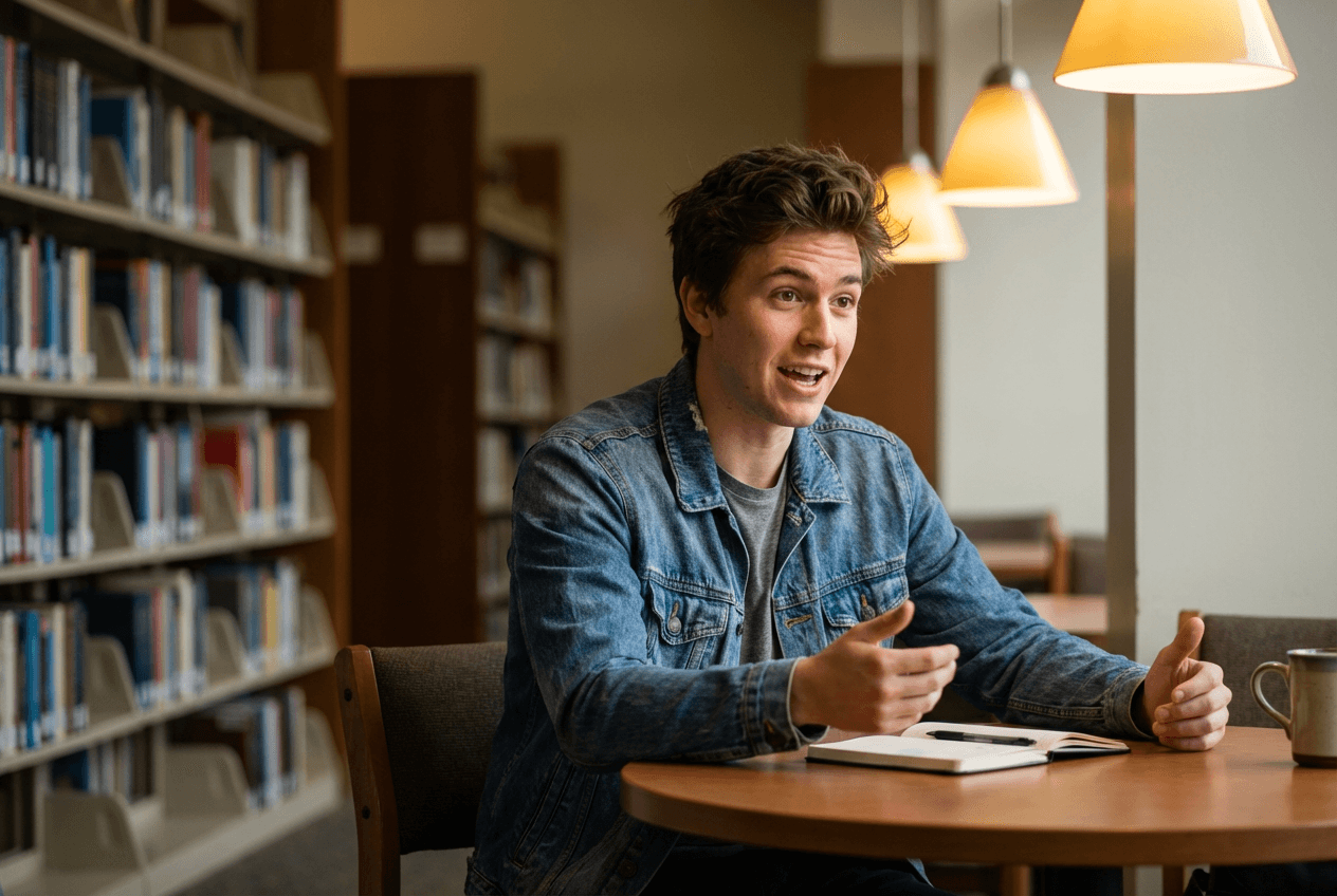 English learner practicing vocabulary techniques during a conversation in a library setting
