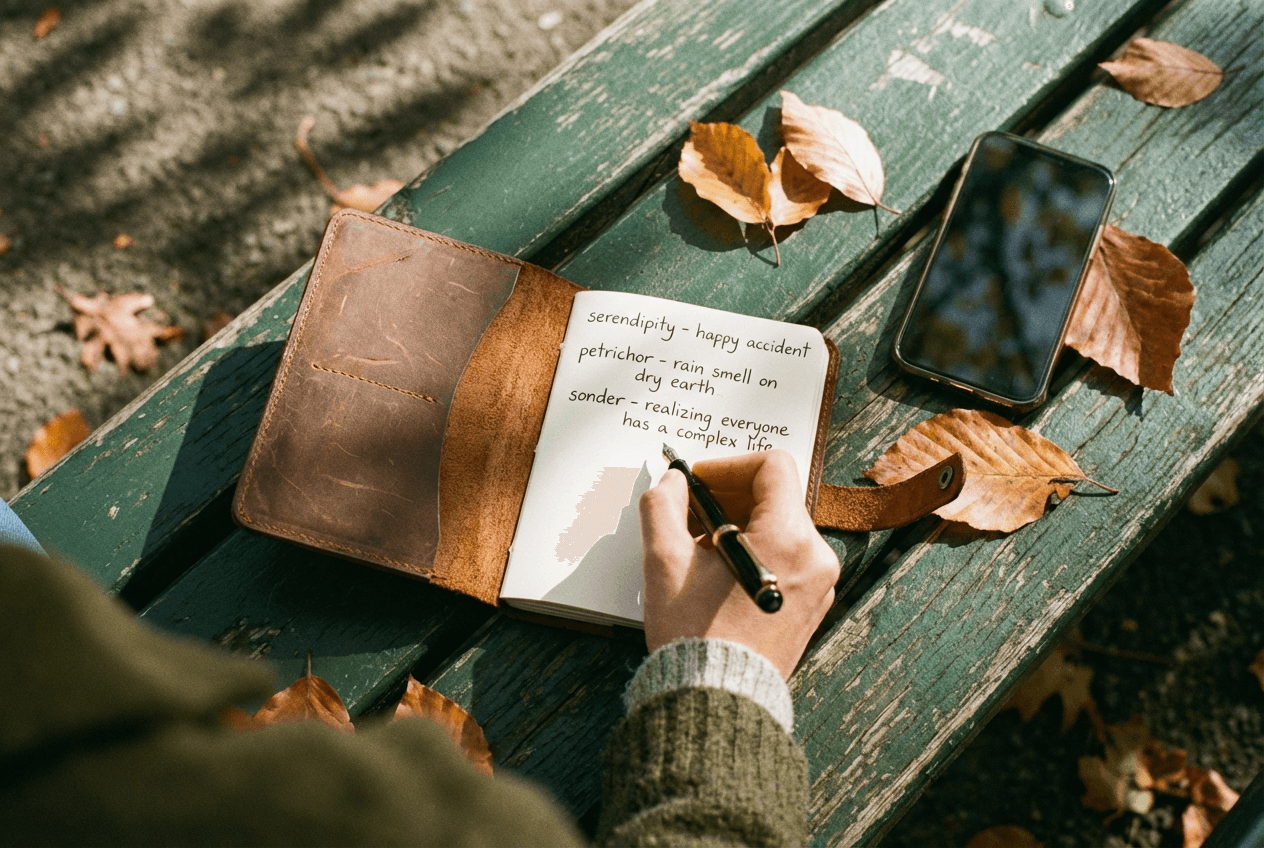 Handwritten vocabulary journal on a park bench capturing new English words after a conversation