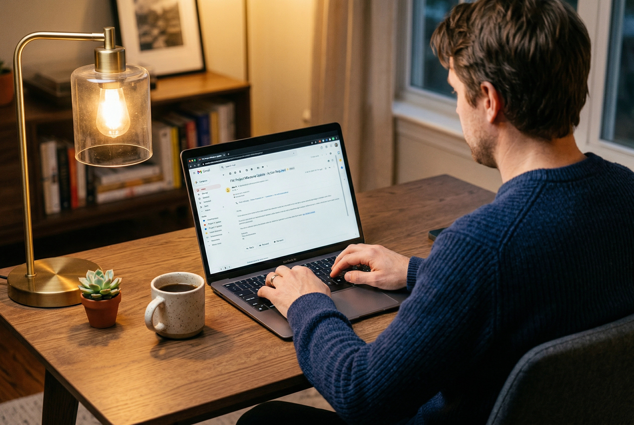 Professional composing business email at home office desk with laptop and coffee