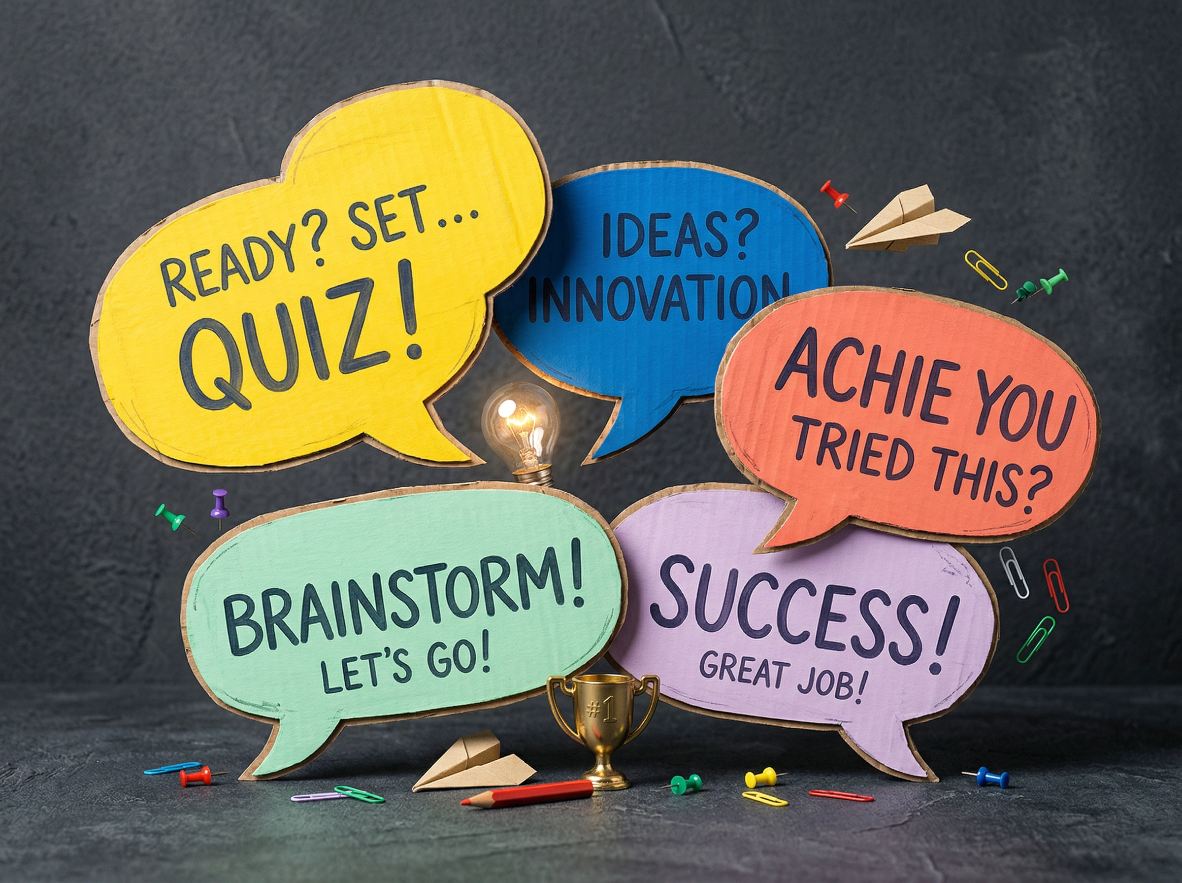 Colorful speech bubbles representing business English quiz and workplace conversation practice