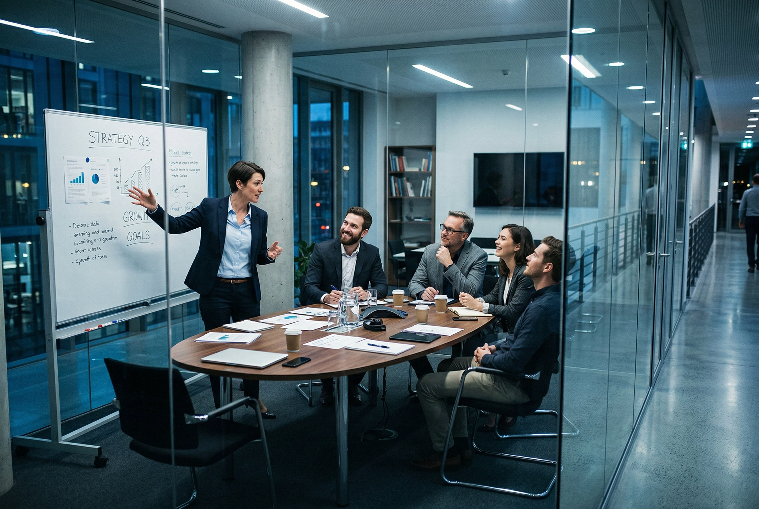Professionals in a conference room meeting discussing business strategies and using workplace idioms