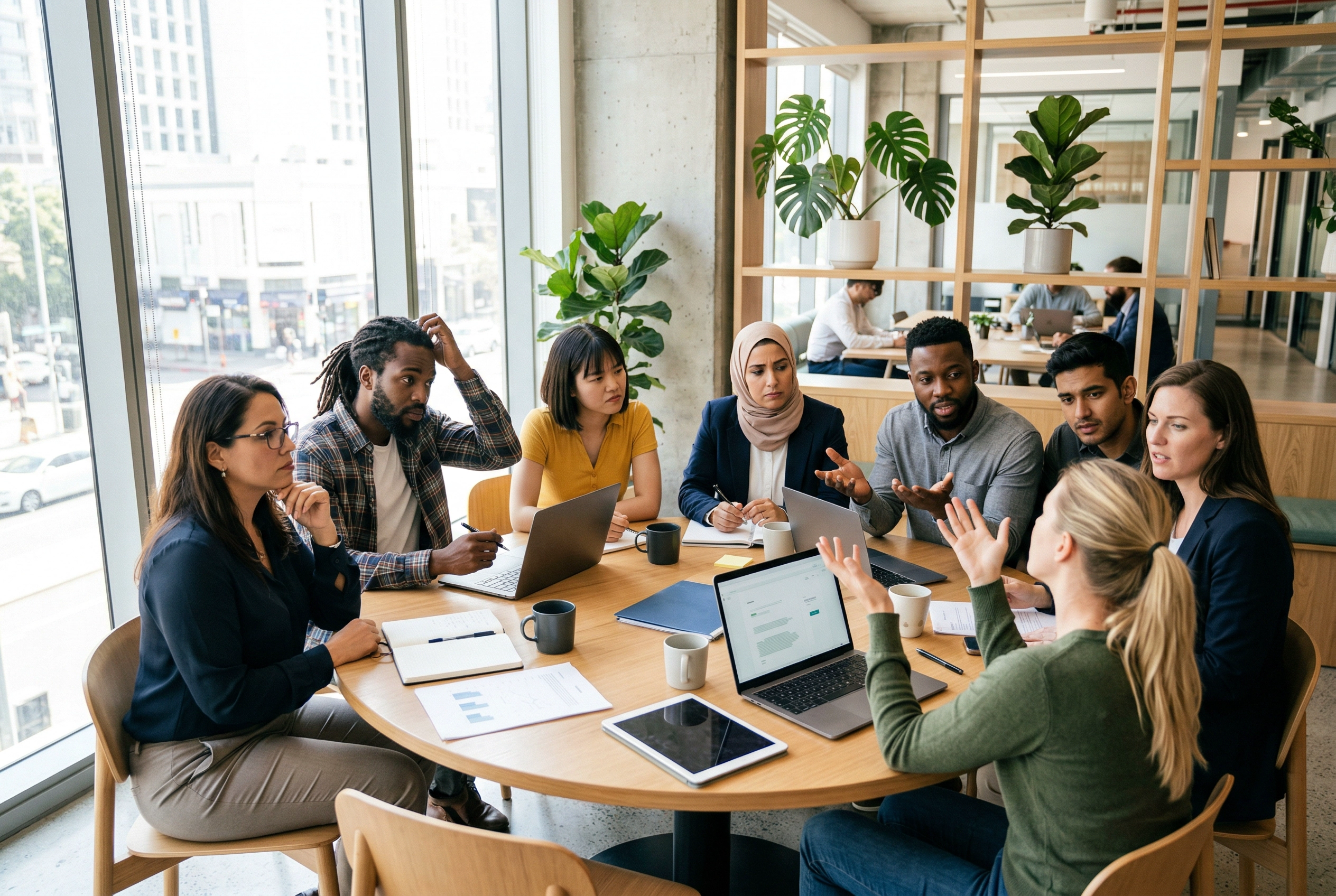 Multicultural professionals in meeting experiencing cross-cultural idiom miscommunication