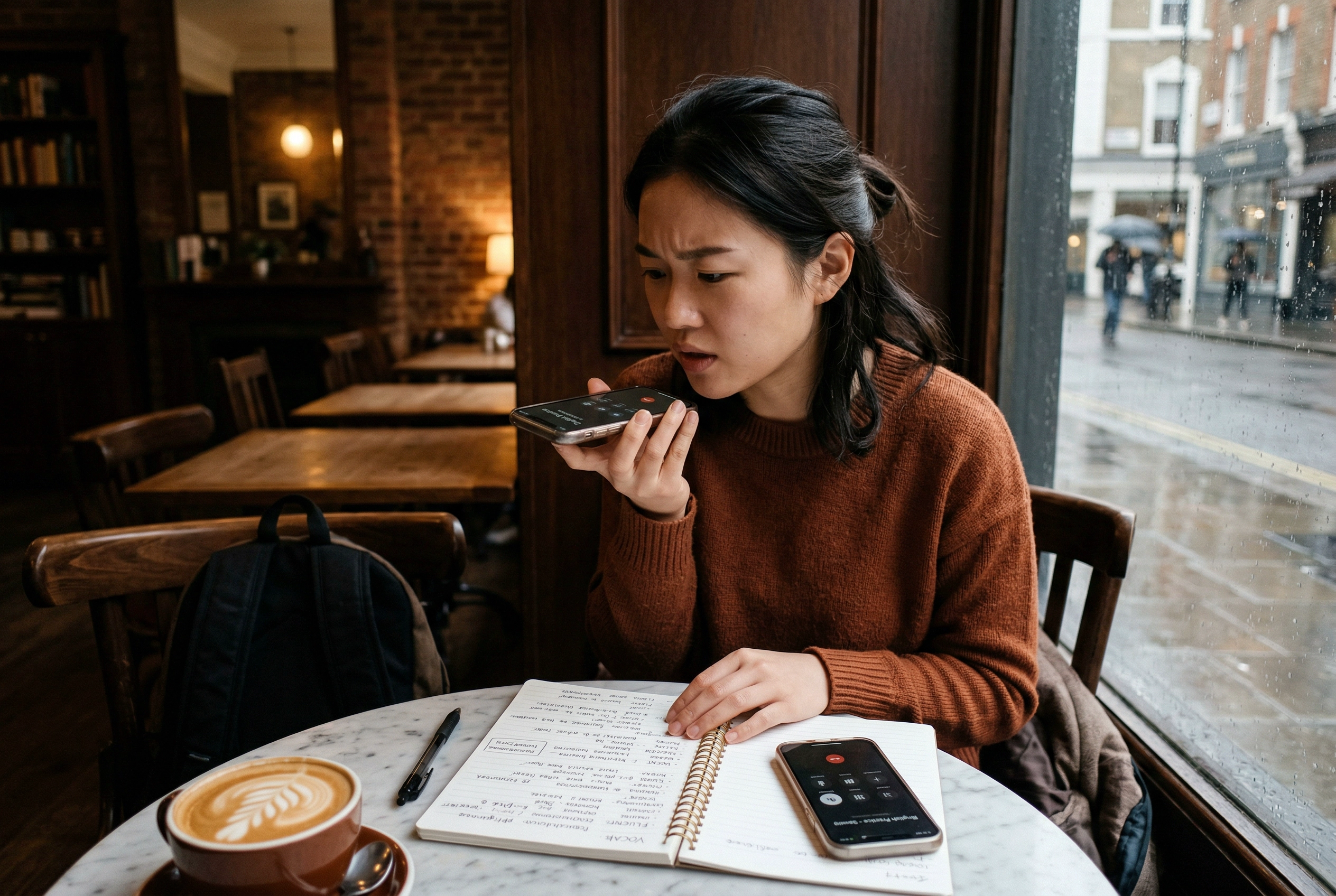 Person practicing English speaking with phone at cafe while reviewing business vocabulary notes