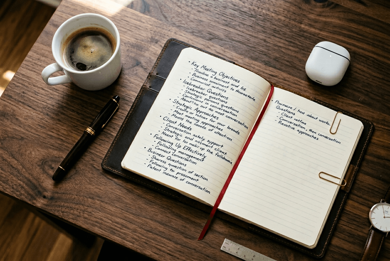 Leather notebook with business English conversation phrases on a professional desk with coffee and earbuds