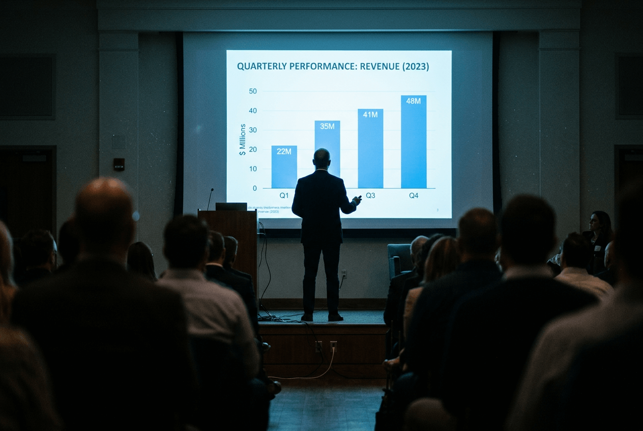 Professional giving a business English presentation to an audience in a dimly lit conference room