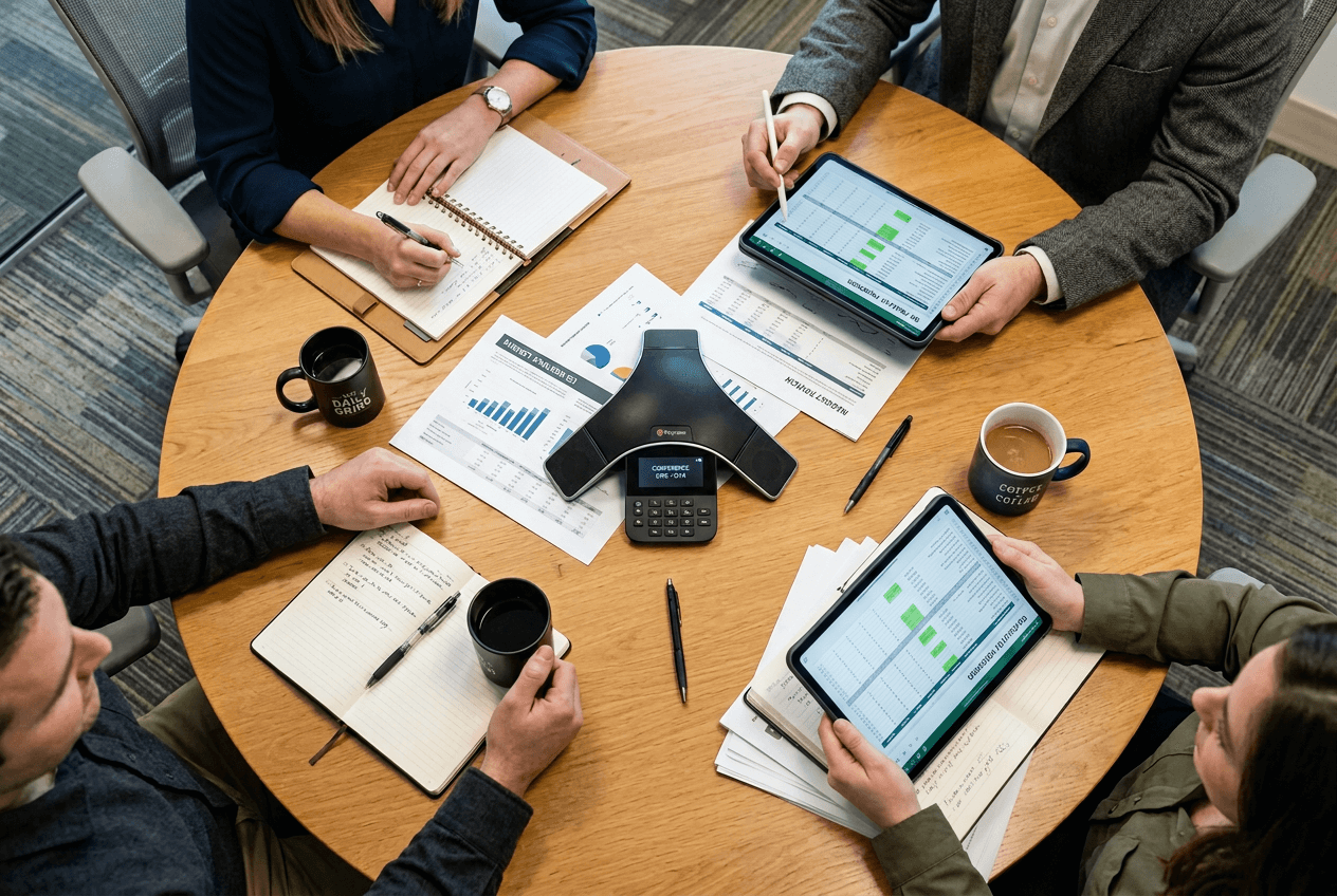 Overhead view of business meeting table with notebooks and conference phone showing collaborative discussion