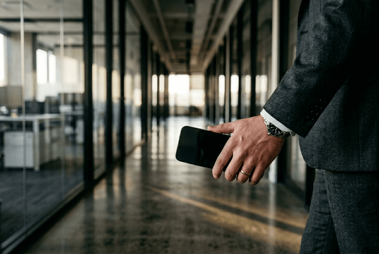 Professional holding iPhone in modern office corridor preparing for business English speaking practice