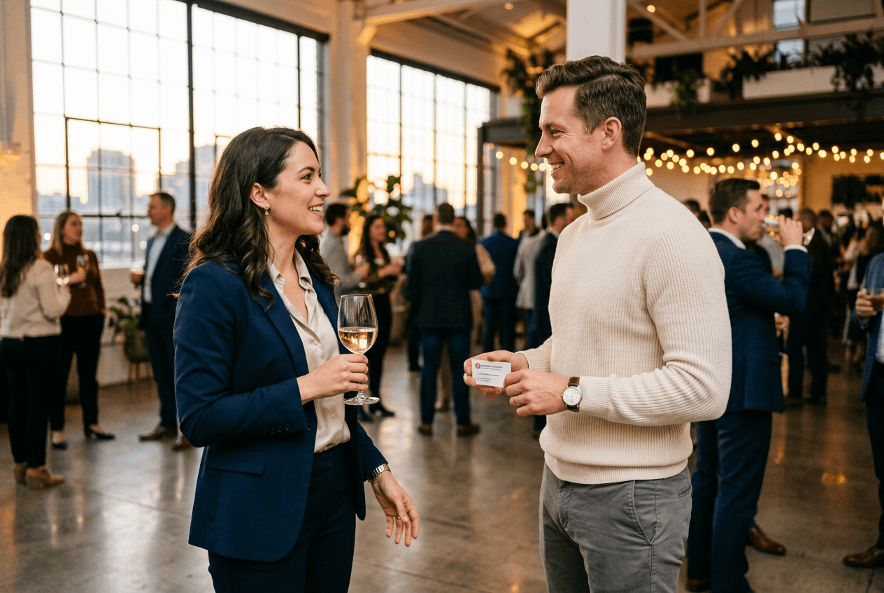 Two professionals engaged in small talk at a business networking event with warm evening lighting