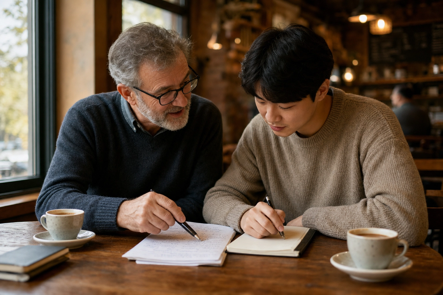 A native speaker giving handwritten feedback on English grammar notes to a focused learner at a cafe table