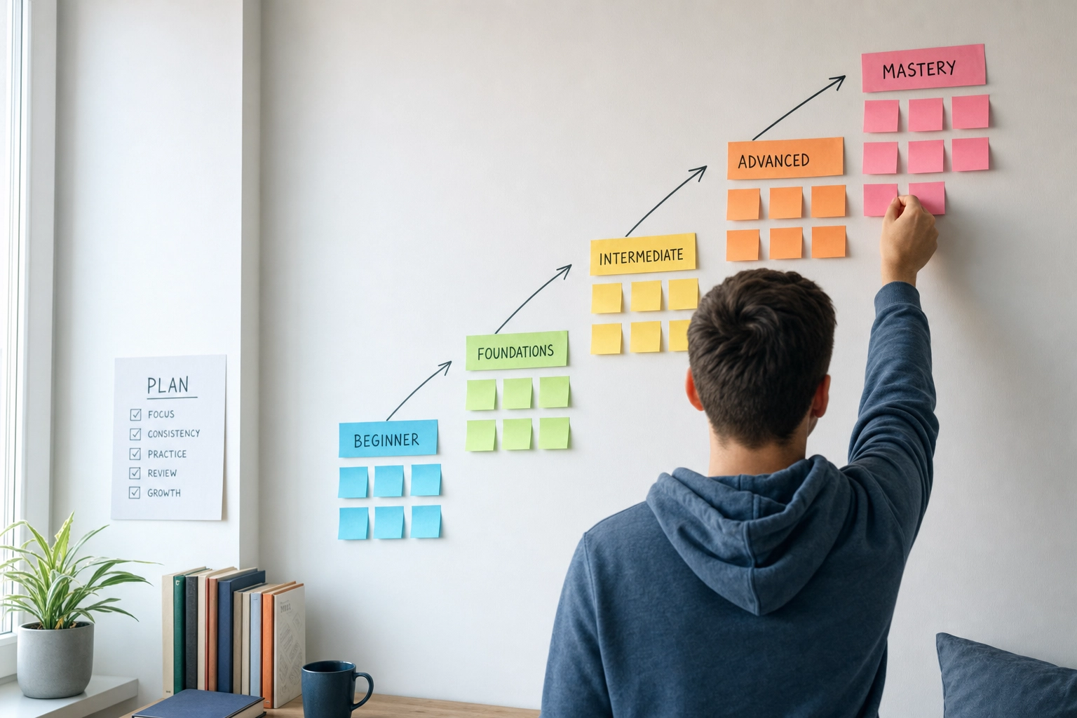 A learner arranging a color-coded CEFR roadmap of sticky notes from beginner to advanced on a wall