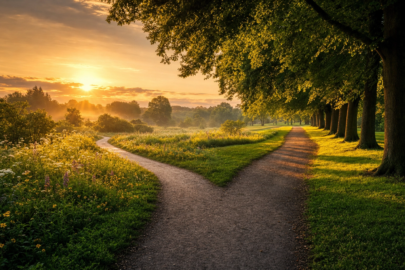 Two footpaths diverging in a green park at golden hour, symbolizing the choice between Busuu and Duolingo