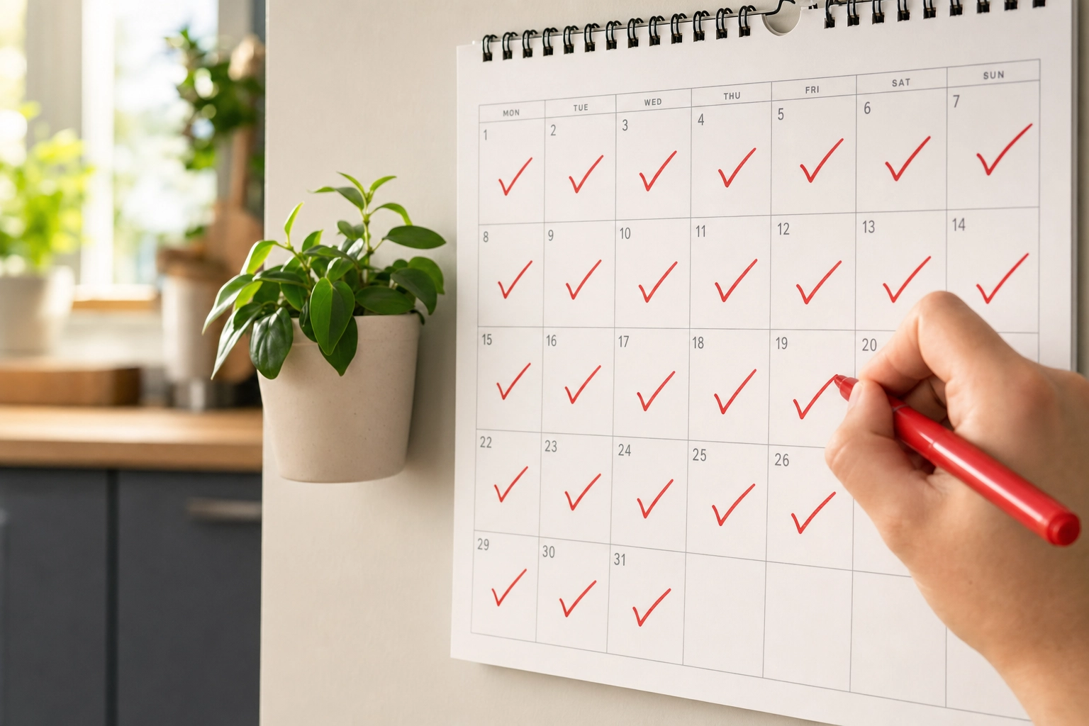 A hand marking another day on a wall calendar full of a daily streak, showing a language-learning habit