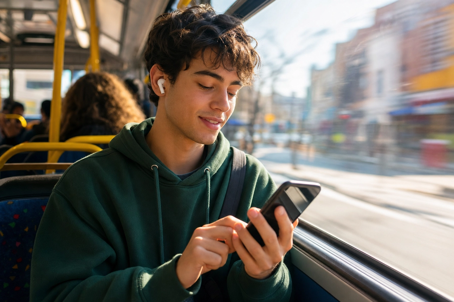 Young man practicing a quick English lesson on his phone during a sunny morning bus commute