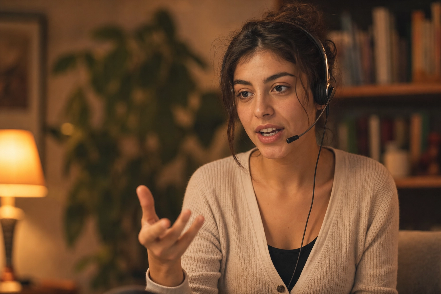 Young woman wearing a headset speaking out loud to practice real-time English conversation at home