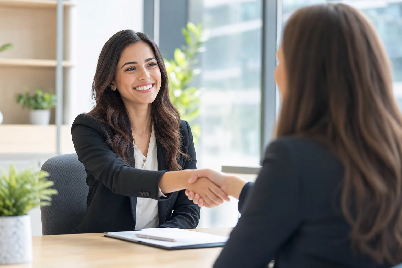 A confident woman shaking hands during an English job interview in a bright modern office