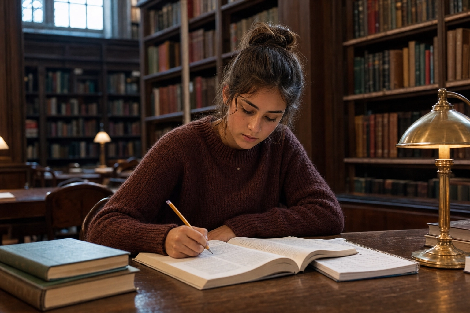 A focused student studying English from a textbook at a quiet library table with bookshelves behind her