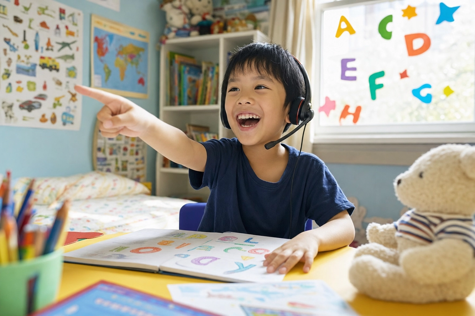 Young child wearing headphones laughing during an online English lesson in a bright bedroom learning environment