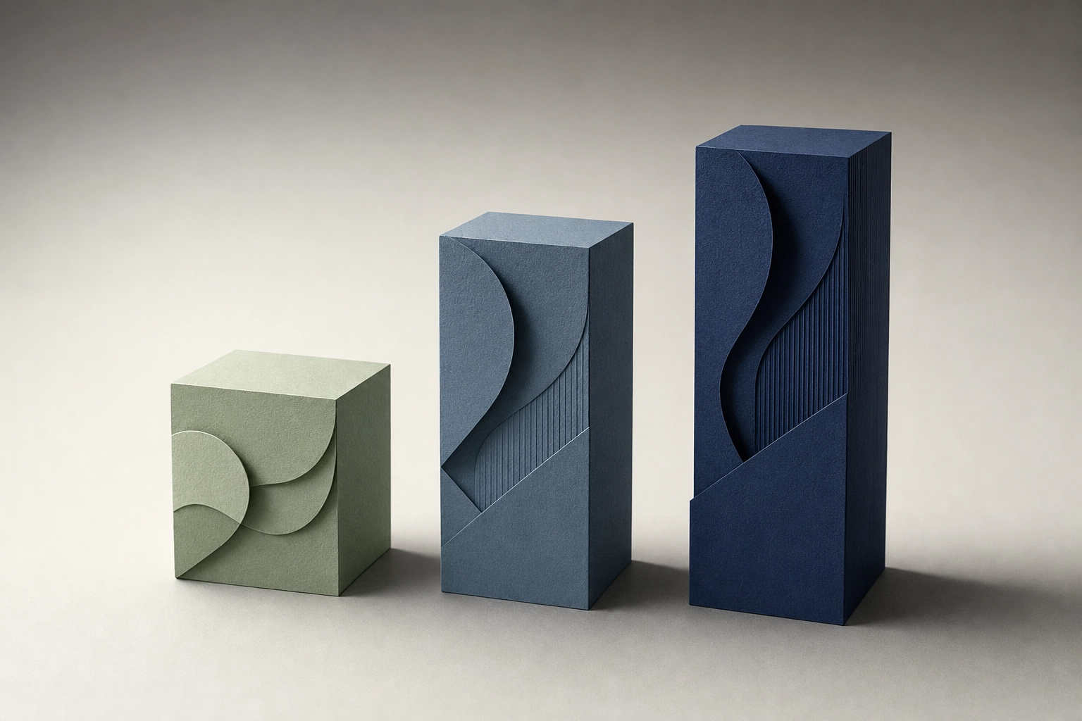 Three paper sculpture blocks of different heights representing tiered subscription pricing plans for online English tutoring