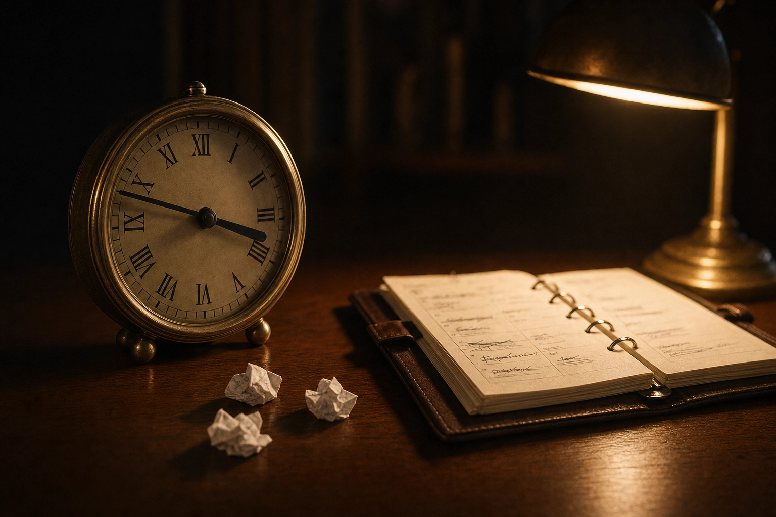Antique brass clock and worn planner with reschedule marks on a dimly lit desk representing scheduling friction across time zones