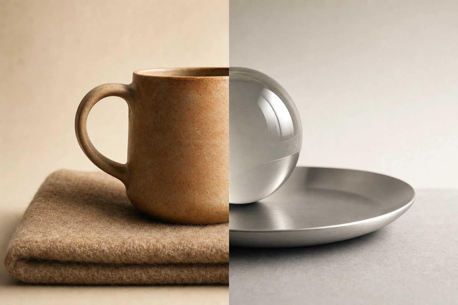 Side-by-side composition of a handcrafted ceramic mug and a polished glass orb representing the contrast between human tutors and AI English practice