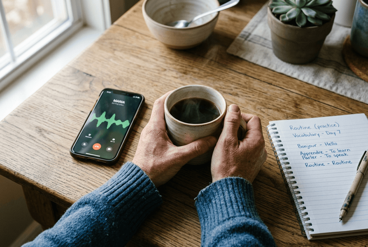 Morning English speaking practice with AI voice app alongside coffee and vocabulary notes