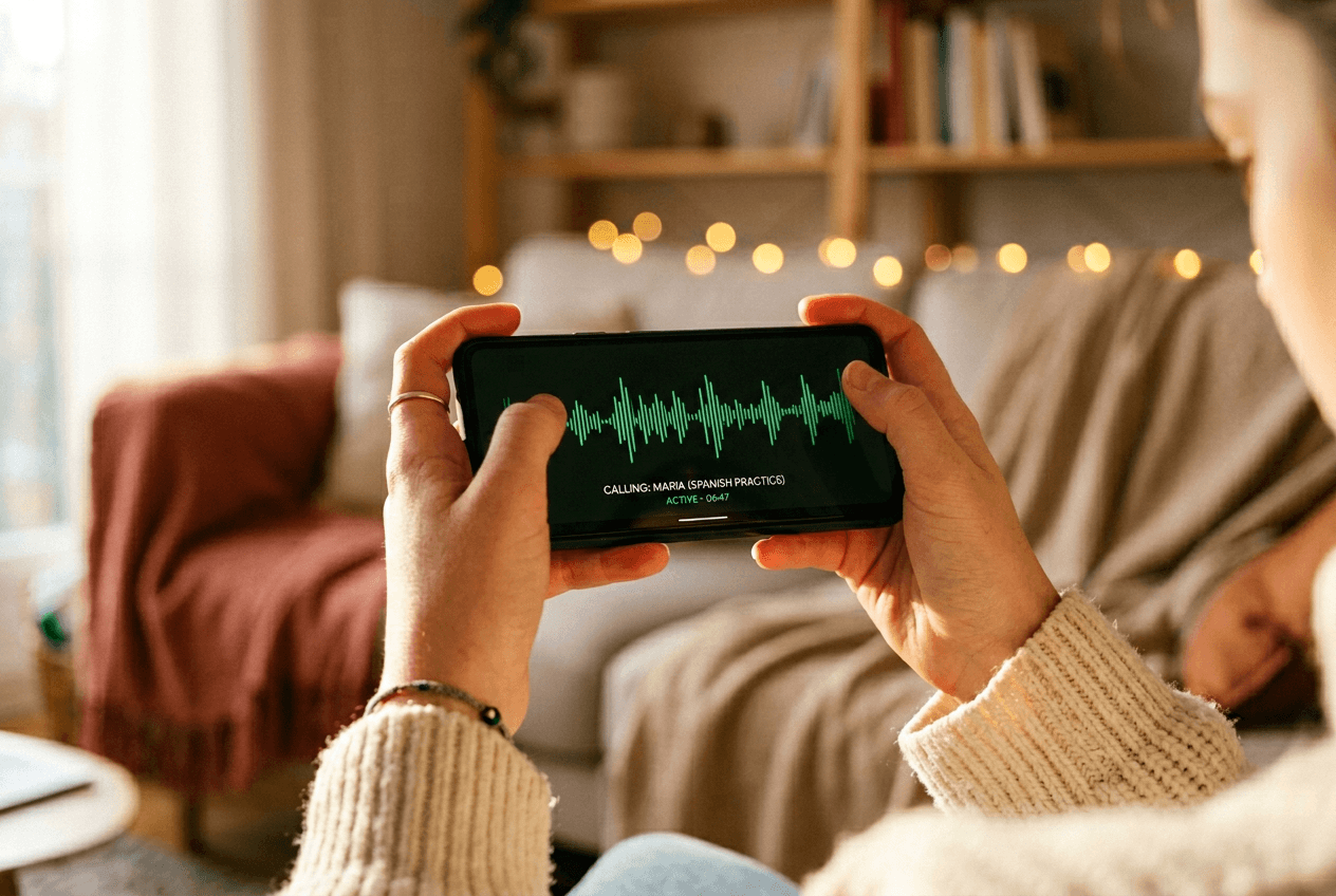 Close-up of hands holding phone during AI English voice conversation practice at home