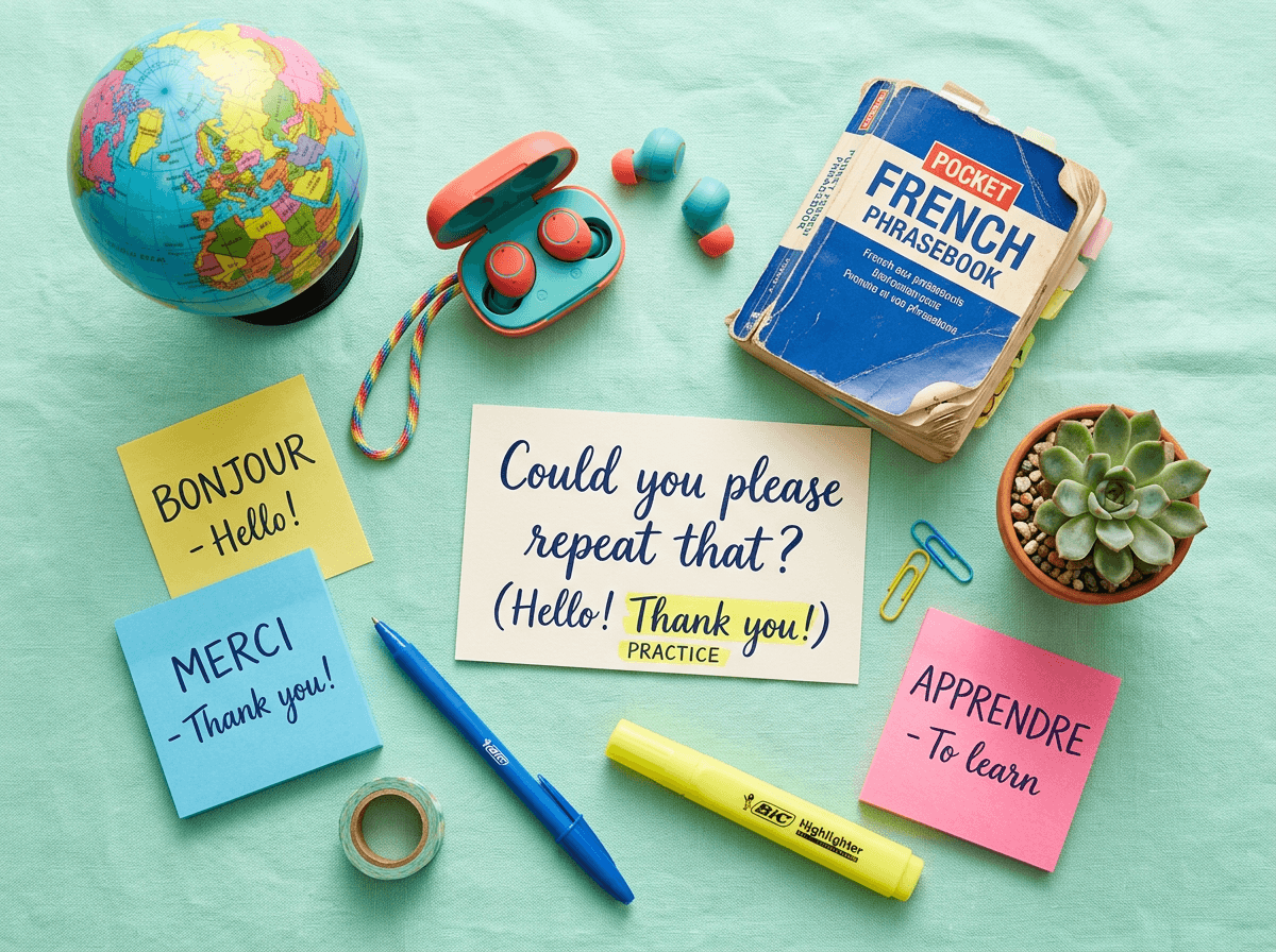 Flat-lay of English language learning tools including earbuds, phrasebook, and vocabulary flashcards