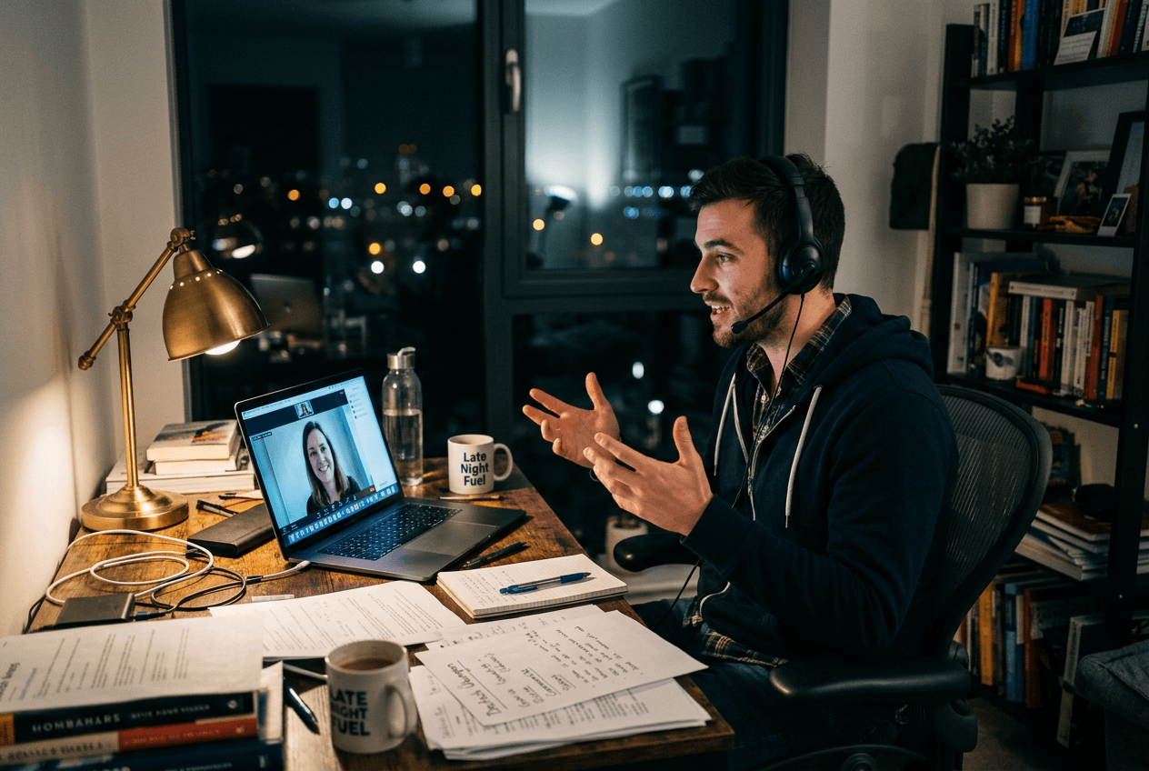 Learner in a late-night online English tutoring session across time zones with headset and laptop