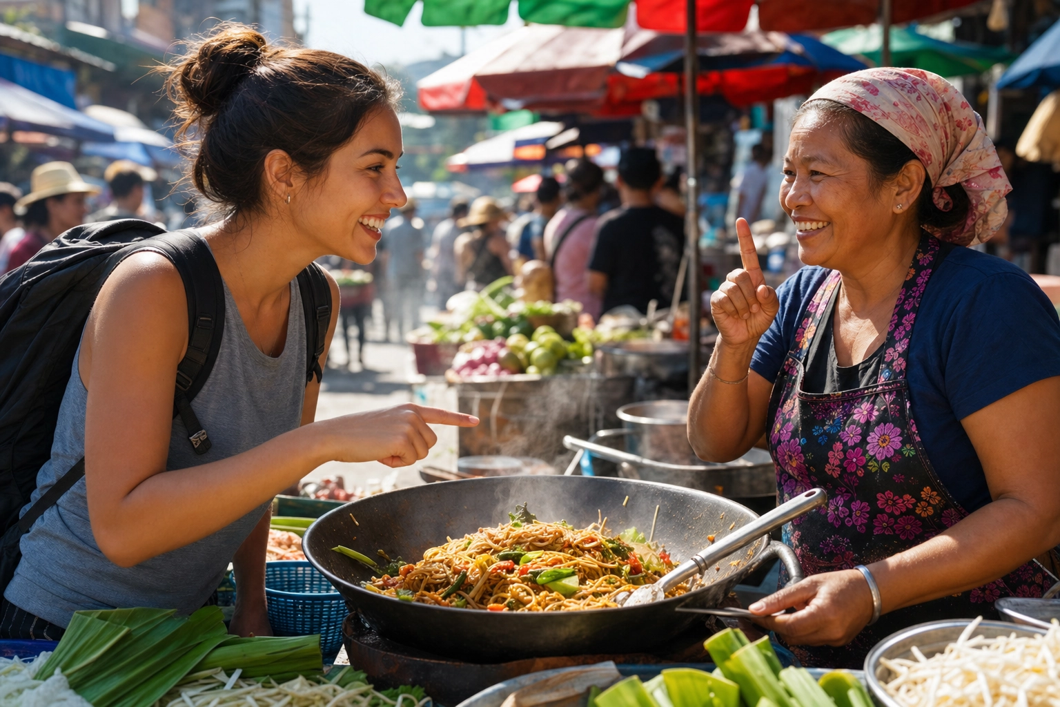 Traveler using gestures to order food from a smiling vendor, showing beginner survival-level English communication