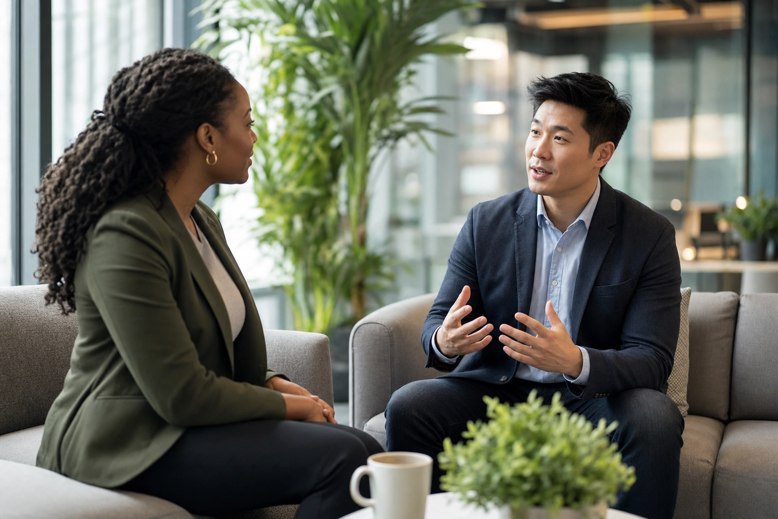 Two professionals comfortably conversing in an office, illustrating B2 upper-intermediate conversational fluency