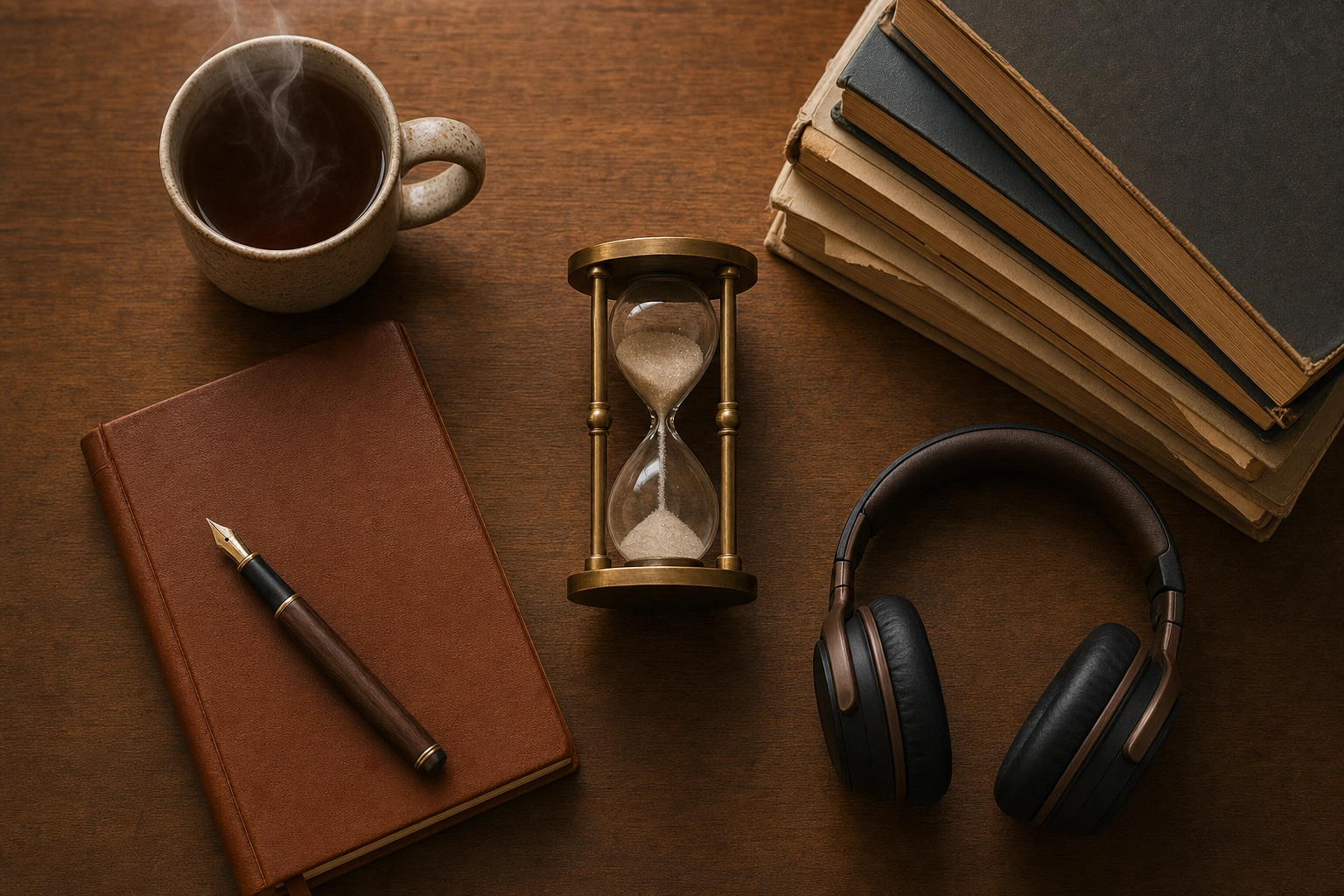 Overhead flat-lay with an hourglass and study tools, representing the guided learning hours needed per CEFR level