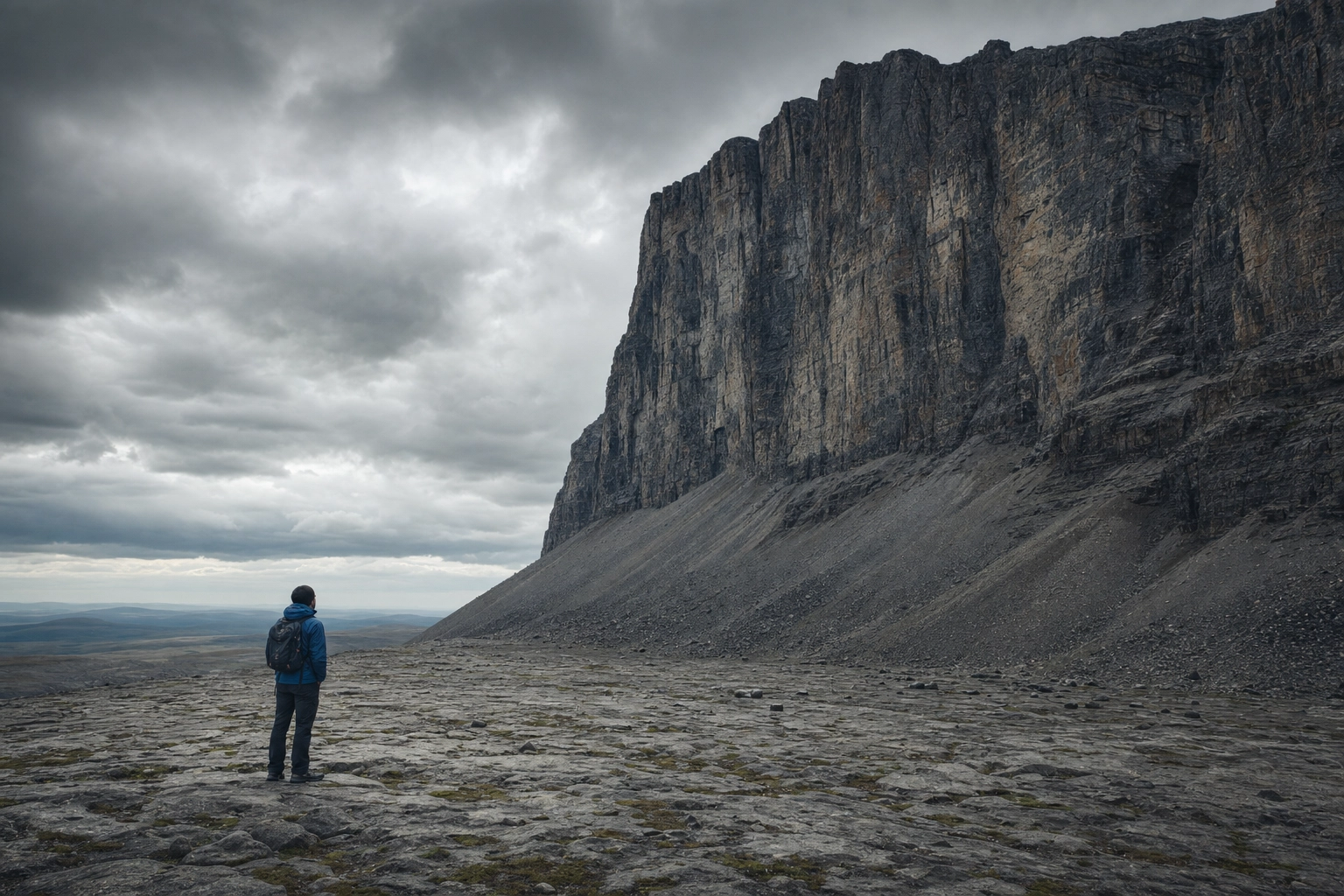 A hiker on a flat plateau facing a steep cliff, a metaphor for breaking through intermediate English learning plateaus