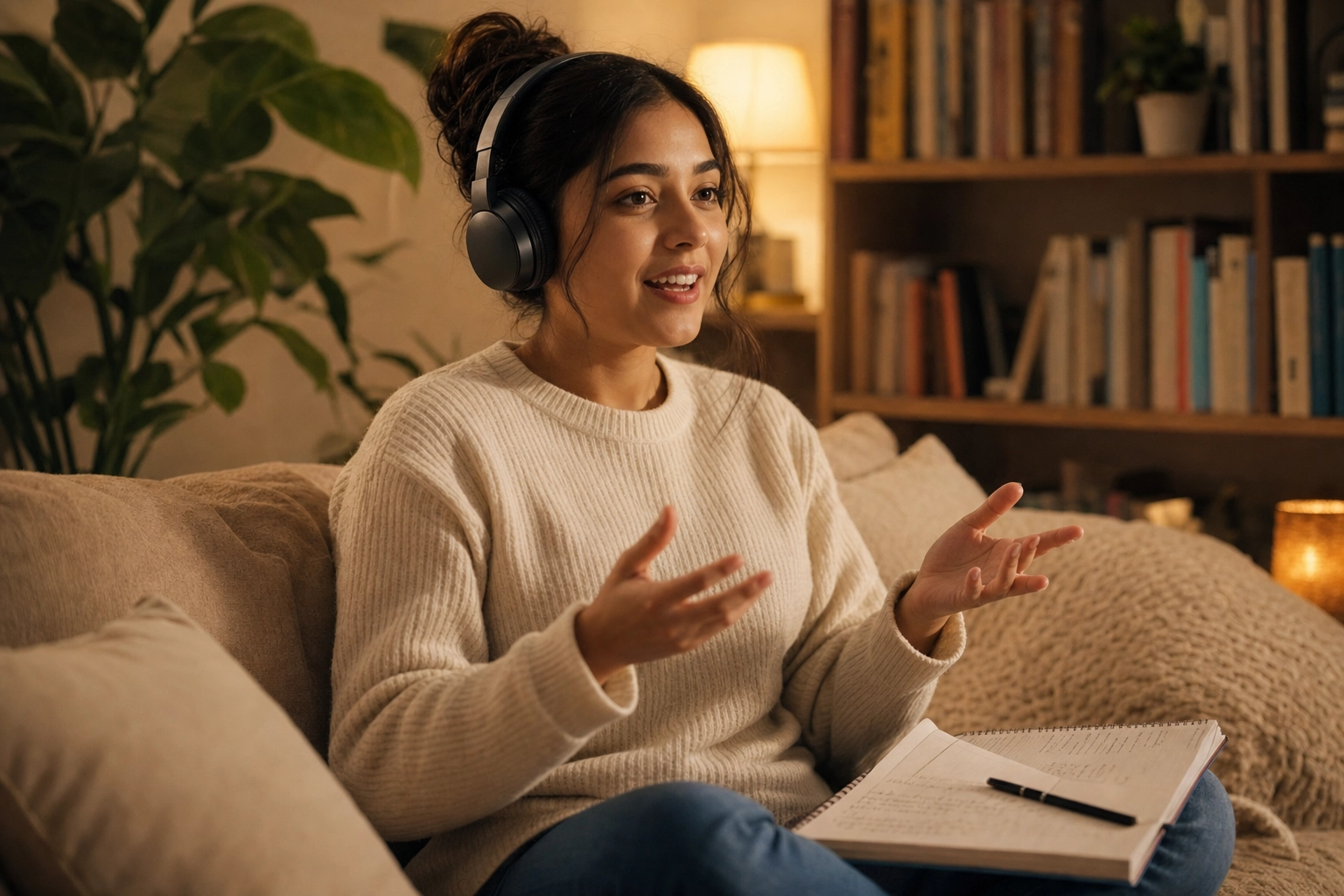 A learner speaking English aloud at home with headphones, illustrating real-time voice conversation practice