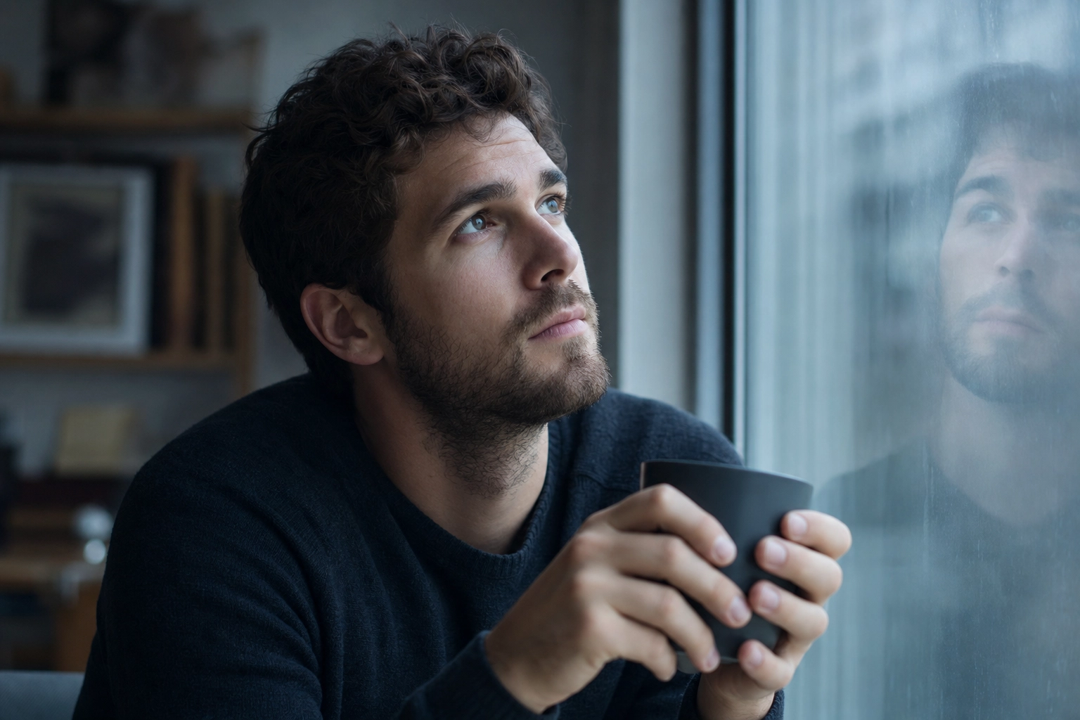 A learner pausing to reflect by a window, representing honest self-assessment of one's English speaking level