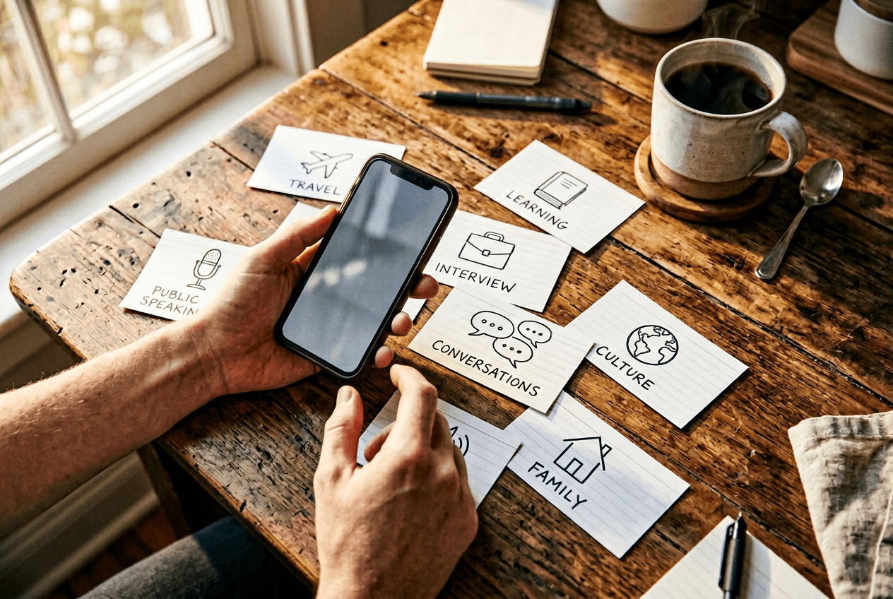 Hands organizing English practice prompt cards before a ChatGPT voice conversation session