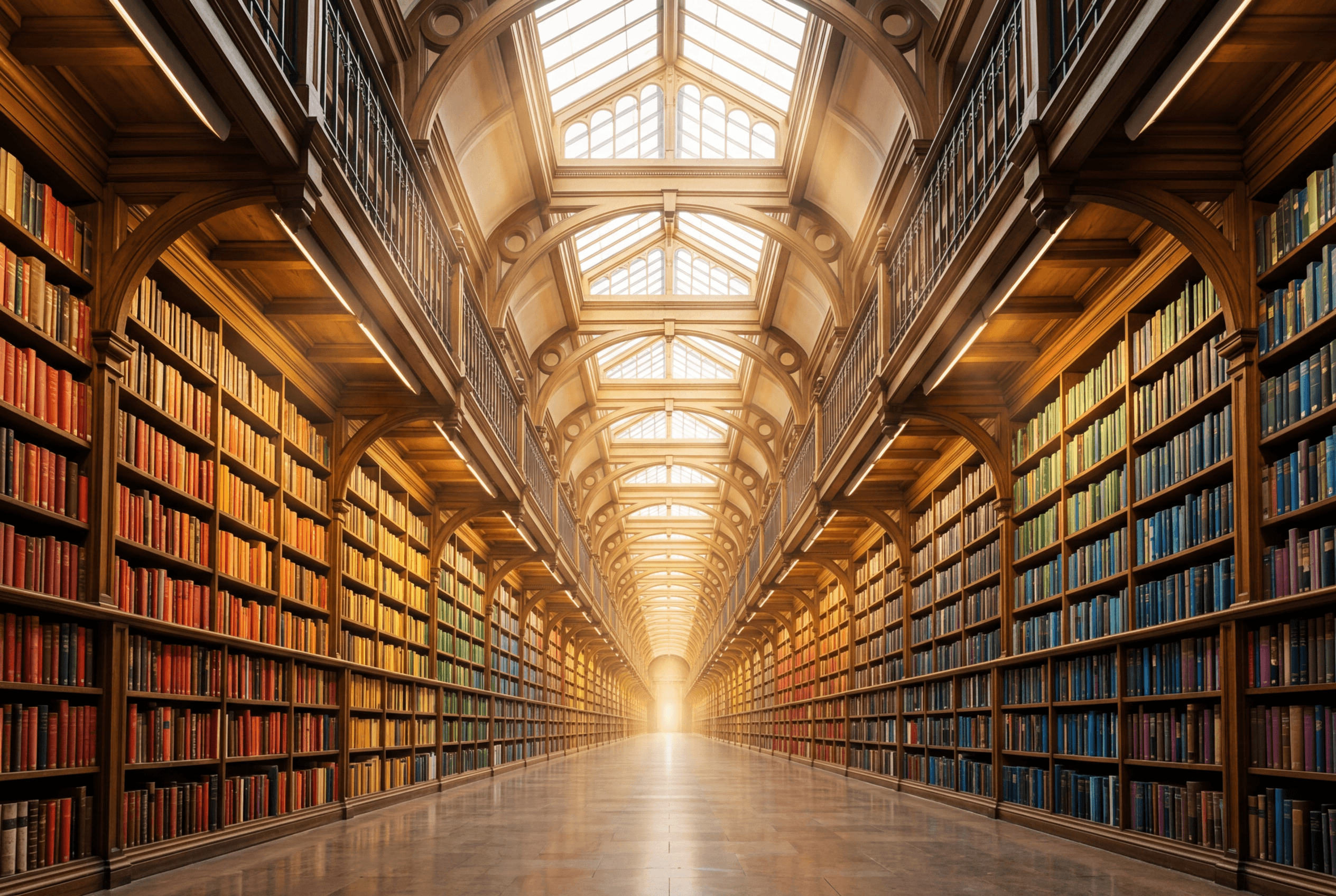 Vast library corridor representing ChatGPT's unlimited topic range for English conversation practice