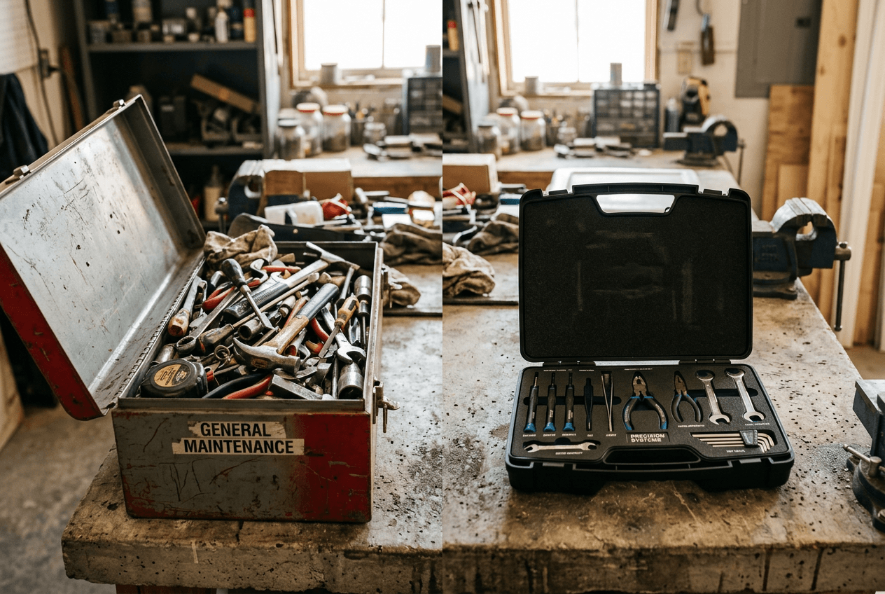 Two contrasting toolboxes comparing general-purpose ChatGPT versus purpose-built English speaking practice apps