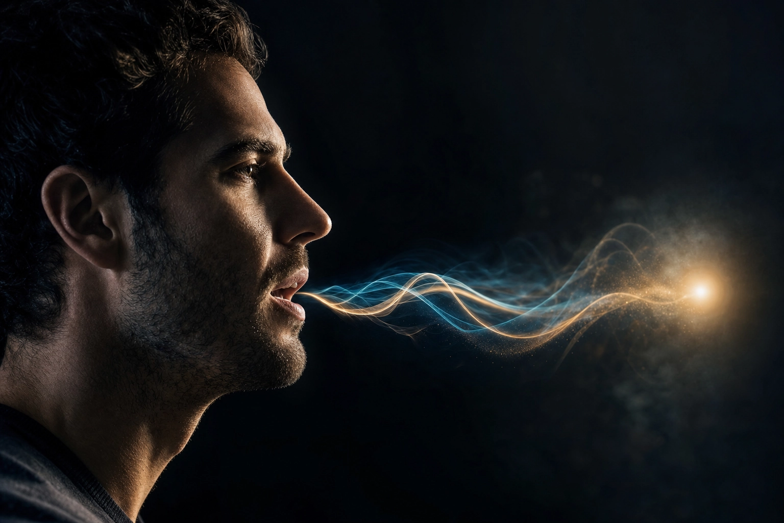 Side profile of a man speaking with a glowing sound wave showing ChatGPT advanced voice real-time conversation