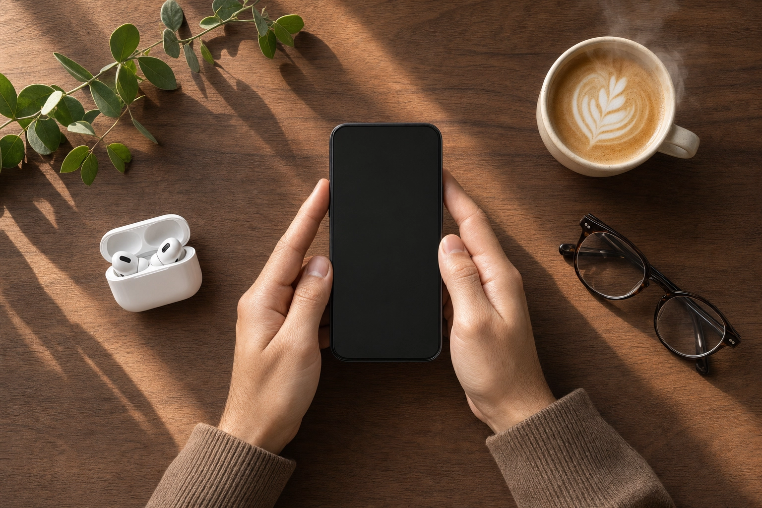 Overhead flat-lay of a phone and earbuds set up to start a ChatGPT voice English practice session
