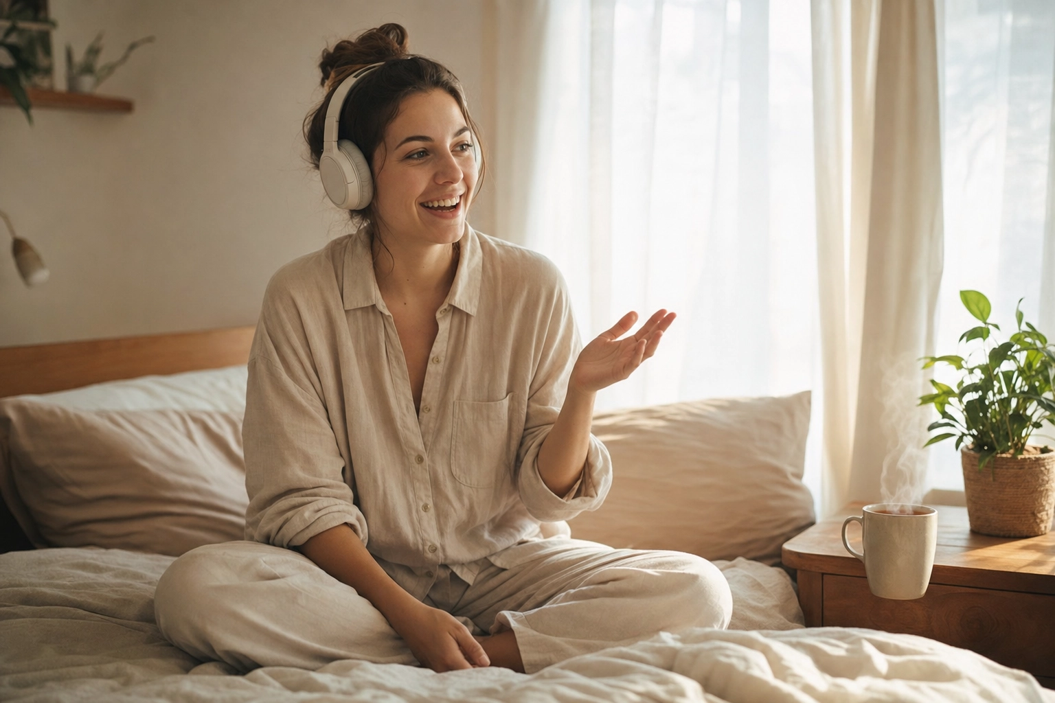 Woman relaxing at home with headphones having a free-flowing English voice conversation with AI