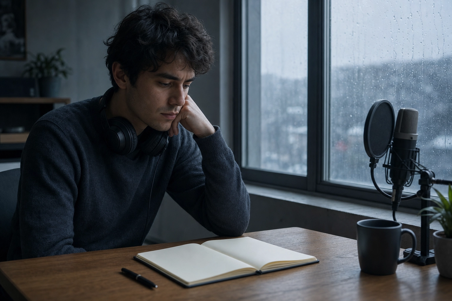 English learner at a desk with a blank notebook, showing no vocabulary tracking after a ChatGPT voice chat