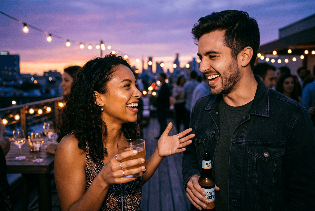 Two people breaking the ice at a rooftop party, laughing during their first conversation at dusk