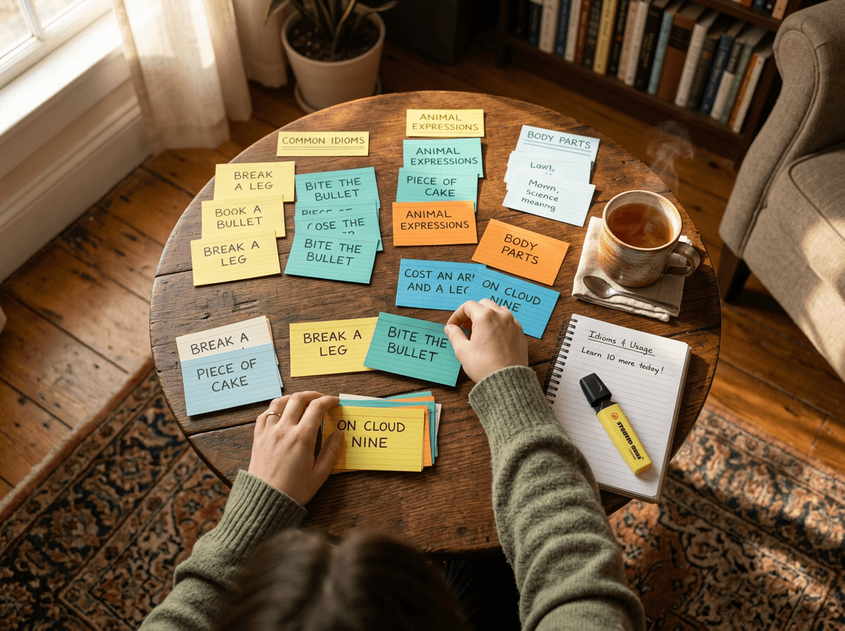 Overhead view of organized English idiom flashcards being sorted by conversation category on a study table