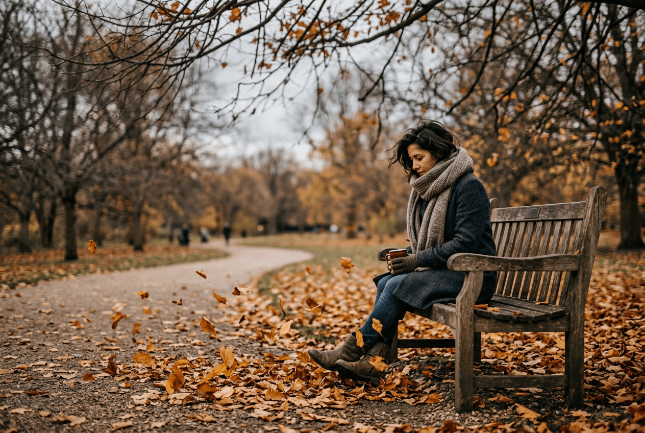 Person on an autumn park bench reflecting on emotions, illustrating common English idioms about feelings